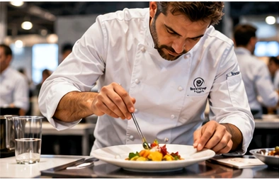 Chef italiano impiatta una preparazione gastronomica in cucina professionale