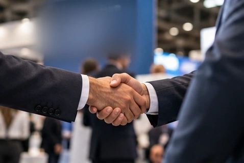 Due professionisti si stringono la mano dopo un incontro commerciale in fiera
