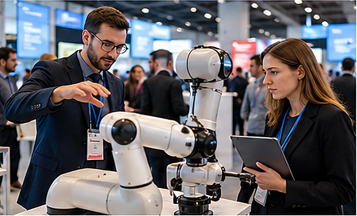 Tecnici al lavoro durante la dimostrazione di un braccio robotico collaborativo in fiera
