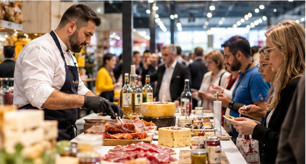 Espositore italiano presenta specialità gastronomiche a visitatori durante una degustazione in fiera