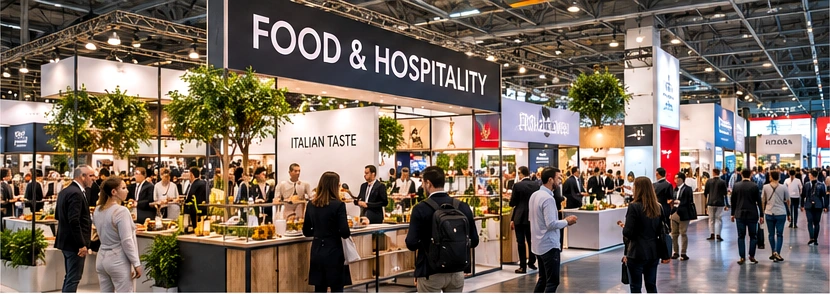 Padiglione fieristico italiano con espositori e visitatori del settore food e hospitality