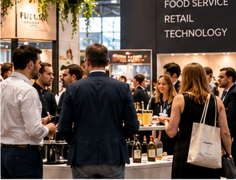 Professionisti del settore beverage e foodservice incontrano fornitori in uno spazio fieristico