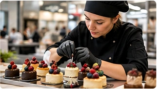 Pasticcera professionista prepara dessert monoporzione in un laboratorio fieristico