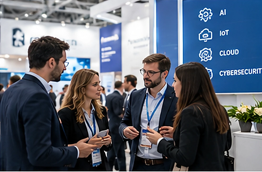 Professionisti durante un incontro B2B in un salone italiano dedicato all'innovazione