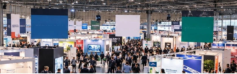 Panoramica dall’alto dei padiglioni e degli stand di una fiera professionale