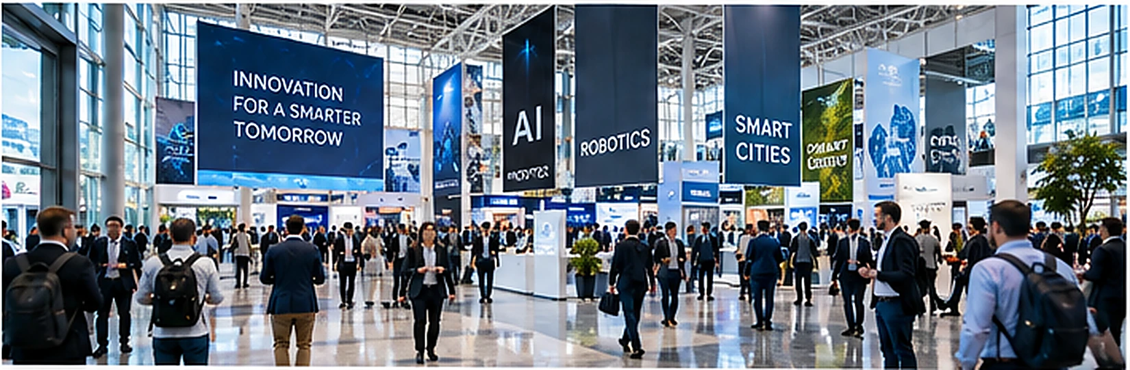 Visitatori ed espositori nei padiglioni luminosi di una fiera tecnologica