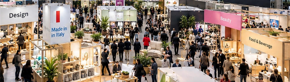 Vista dall’alto dei padiglioni di una fiera aperta al pubblico, con stand e visitatori