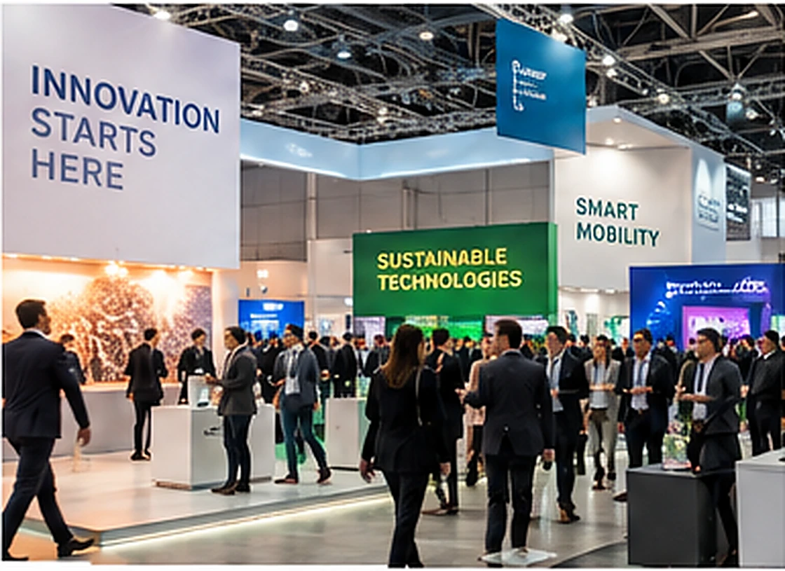 Area espositiva con aziende e visitatori davanti a stand sull'innovazione