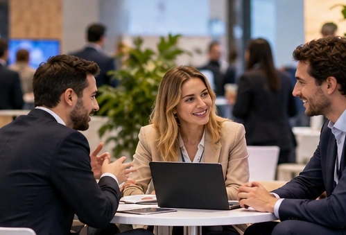 Professionisti valutano opportunità commerciali e contatti durante un incontro in fiera