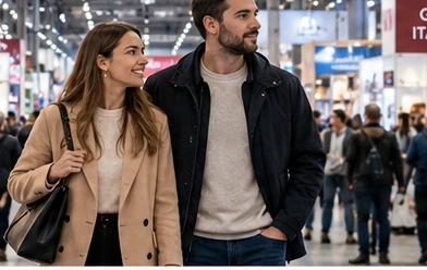 Due visitatori esplorano i corridoi di una fiera italiana tra stand espositivi