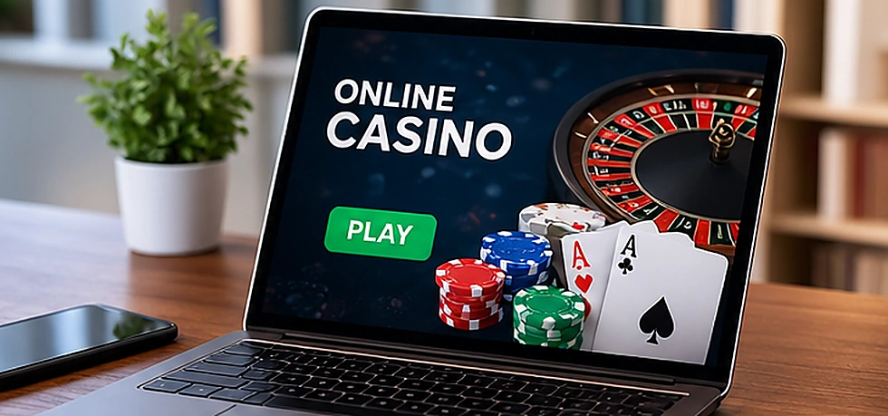 Computer portatile con interfaccia dimostrativa di casinò online, roulette e fiches su una scrivania