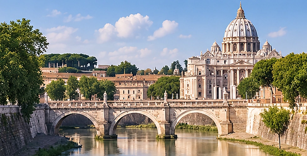 Panorama di Roma con il fiume Tevere, un ponte storico e la Basilica di San Pietro