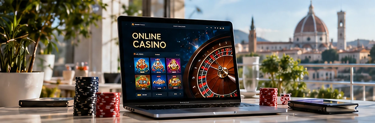 Laptop con interfaccia di casinò online in un interno italiano con vista urbana