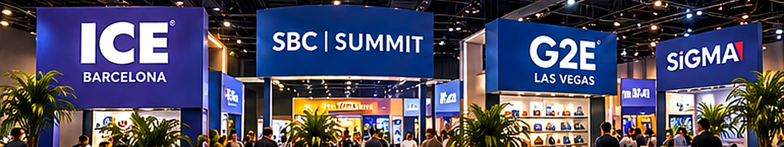 Composizione illustrativa di aree espositive dedicate a ICE Barcelona, SBC Summit, G2E e SiGMA