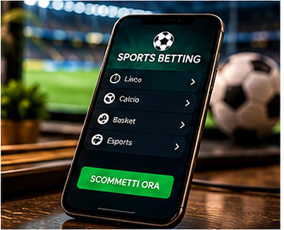 Smartphone con applicazione mobile di scommesse sportive e campo da calcio sullo sfondo