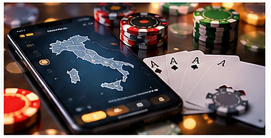 Telefono con interfaccia grafica dell’Italia, carte e fiches da casinò online