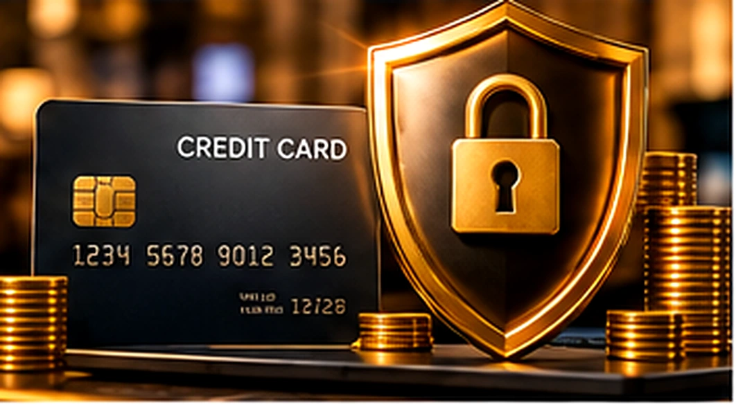 Carta di pagamento, lucchetto dorato e fiches come rappresentazione della sicurezza dei pagamenti iGaming