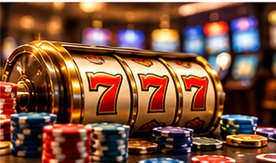 Rulli di slot machine tradizionale con fiches in ambiente casinò
