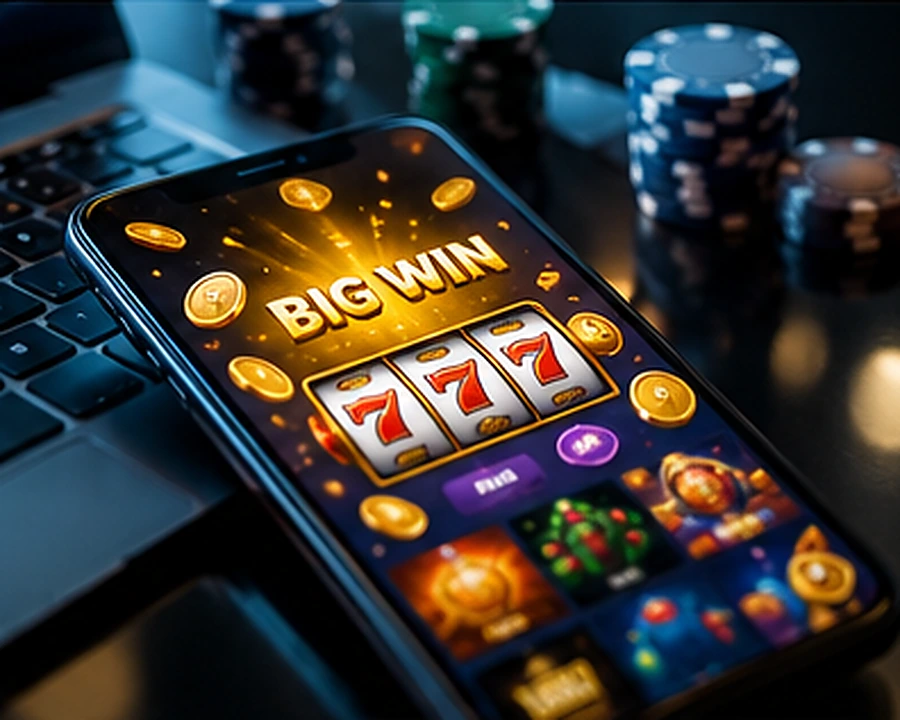 Smartphone con una dimostrazione grafica di slot machine per casinò online