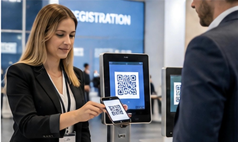 Addetta italiana alla registrazione di un evento business che utilizza badge e lettore QR code.