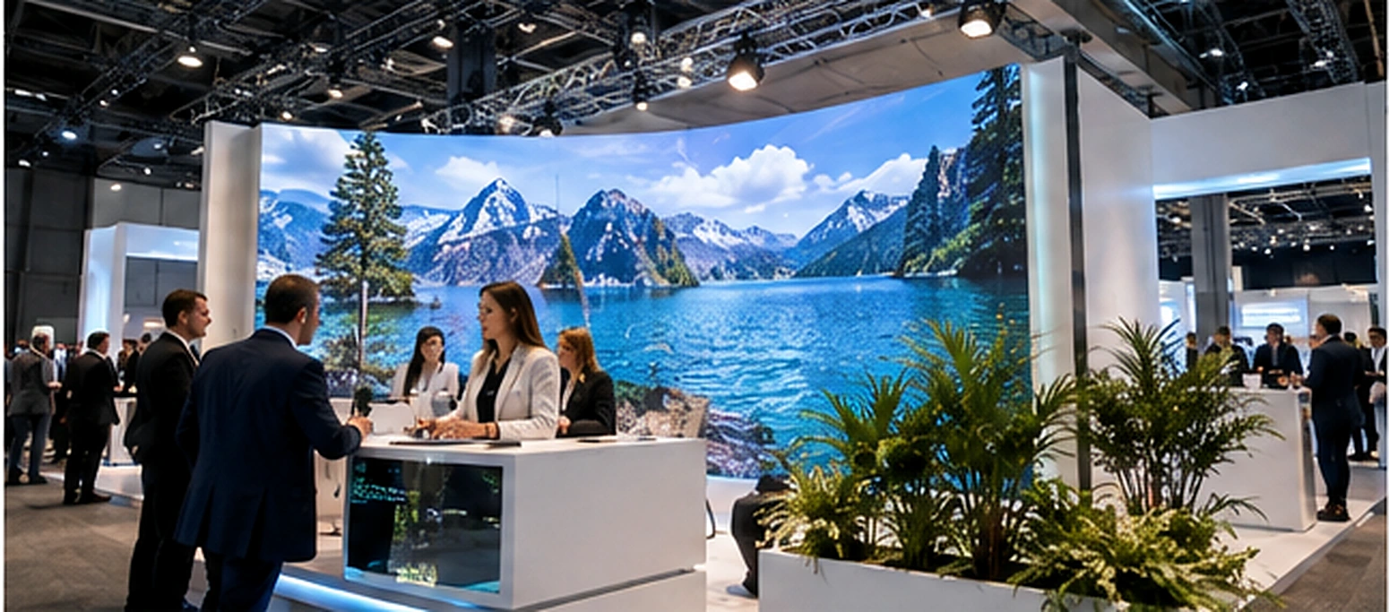 Stand espositivo con un grande LED wall e visitatori durante una dimostrazione B2B.