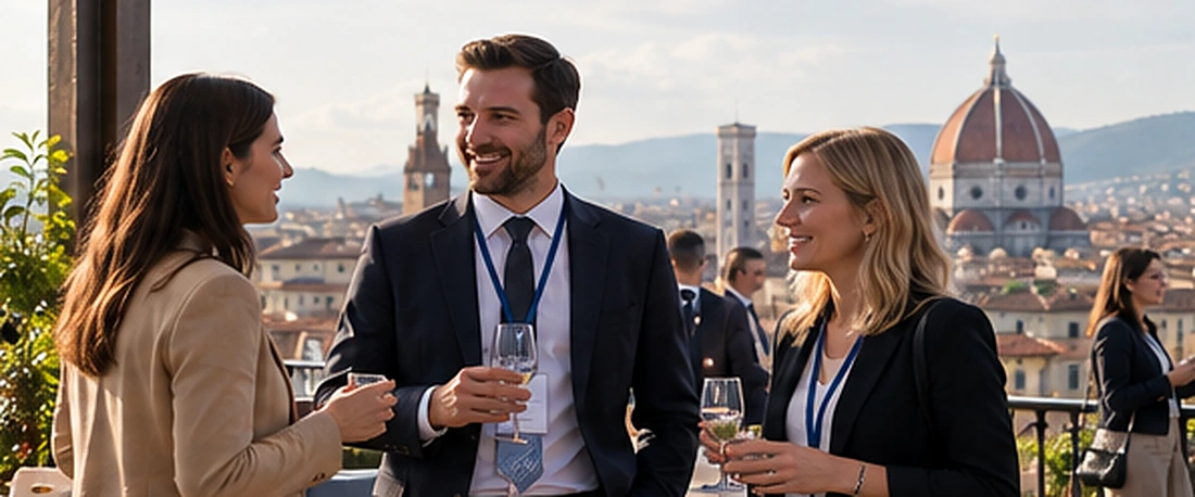 Professionisti italiani dialogano con partner commerciali durante un incontro d’affari a Firenze