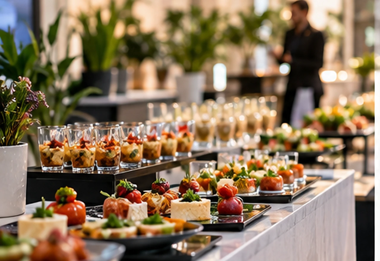 Buffet con piccoli piatti di catering in uno spazio per eventi italiano.