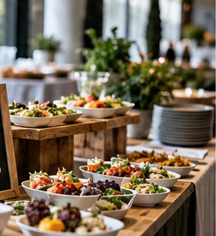 Buffet con piatti stagionali e ingredienti locali preparati per un evento