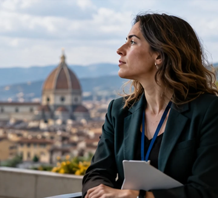 Professionista del settore eventi in una terrazza con vista su Firenze