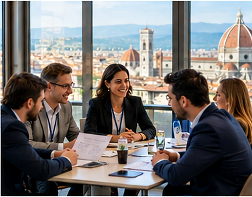 Tavolo di lavoro fra rappresentanti di imprese per valutare abbinamenti e opportunità commerciali