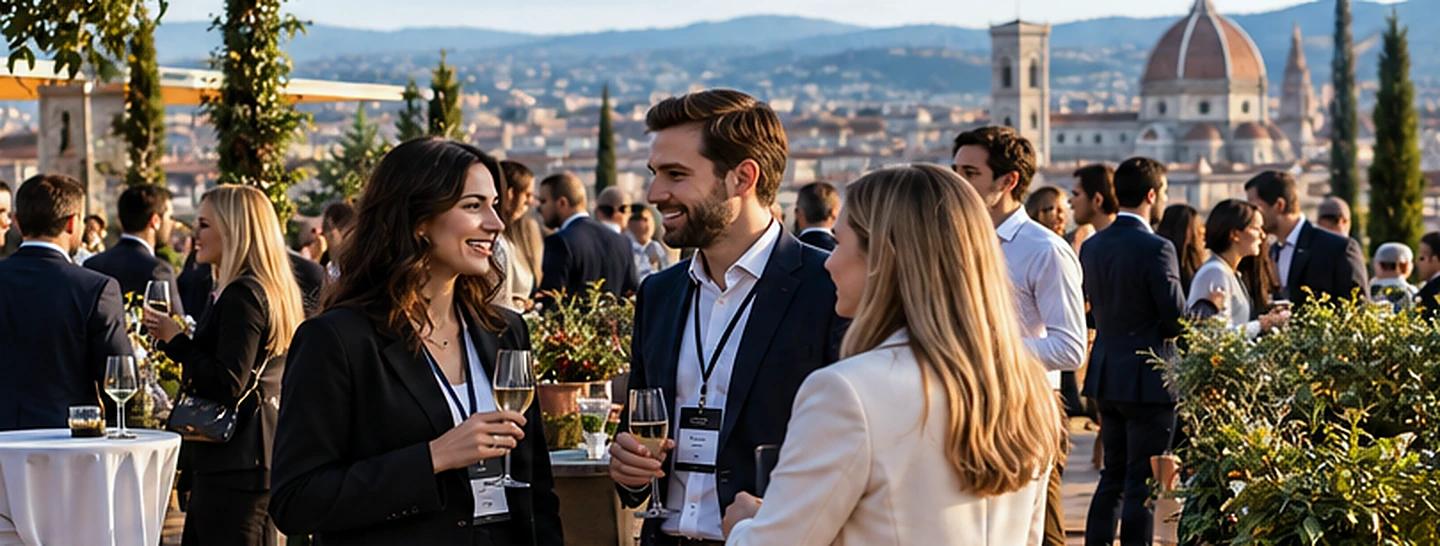 Professionisti italiani conversano a una ricezione aziendale all’aperto a Firenze.