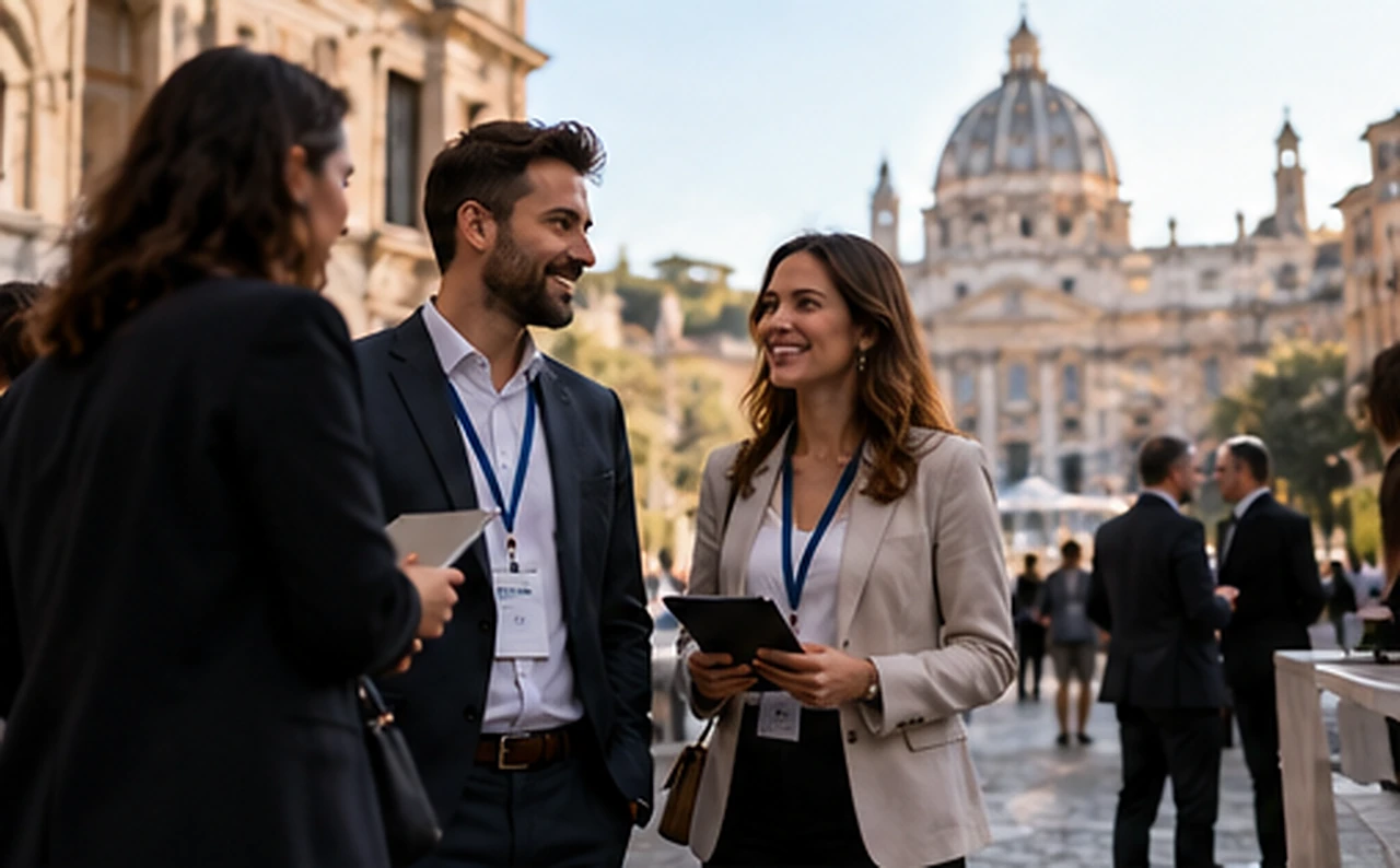Partecipanti a un incontro professionale a Roma, con architettura storica sullo sfondo.