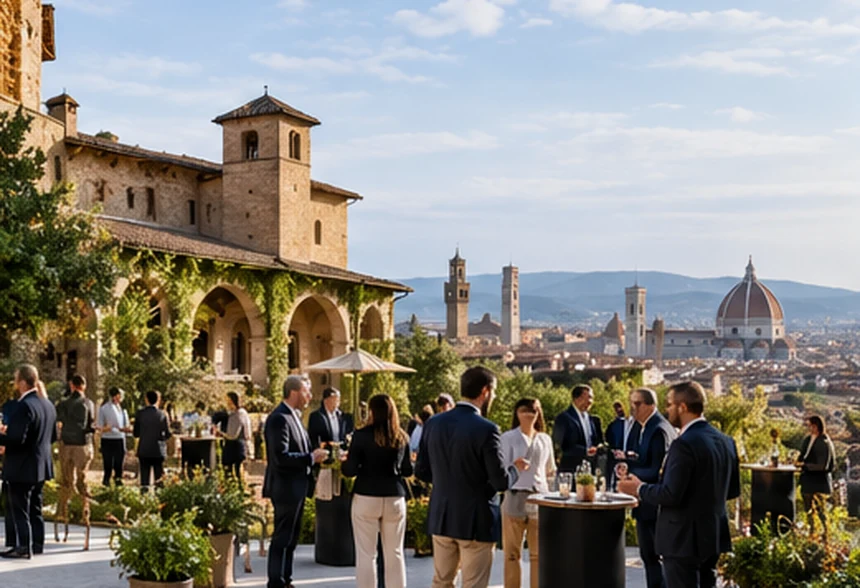 Partecipanti a un evento professionale in una terrazza con architettura italiana