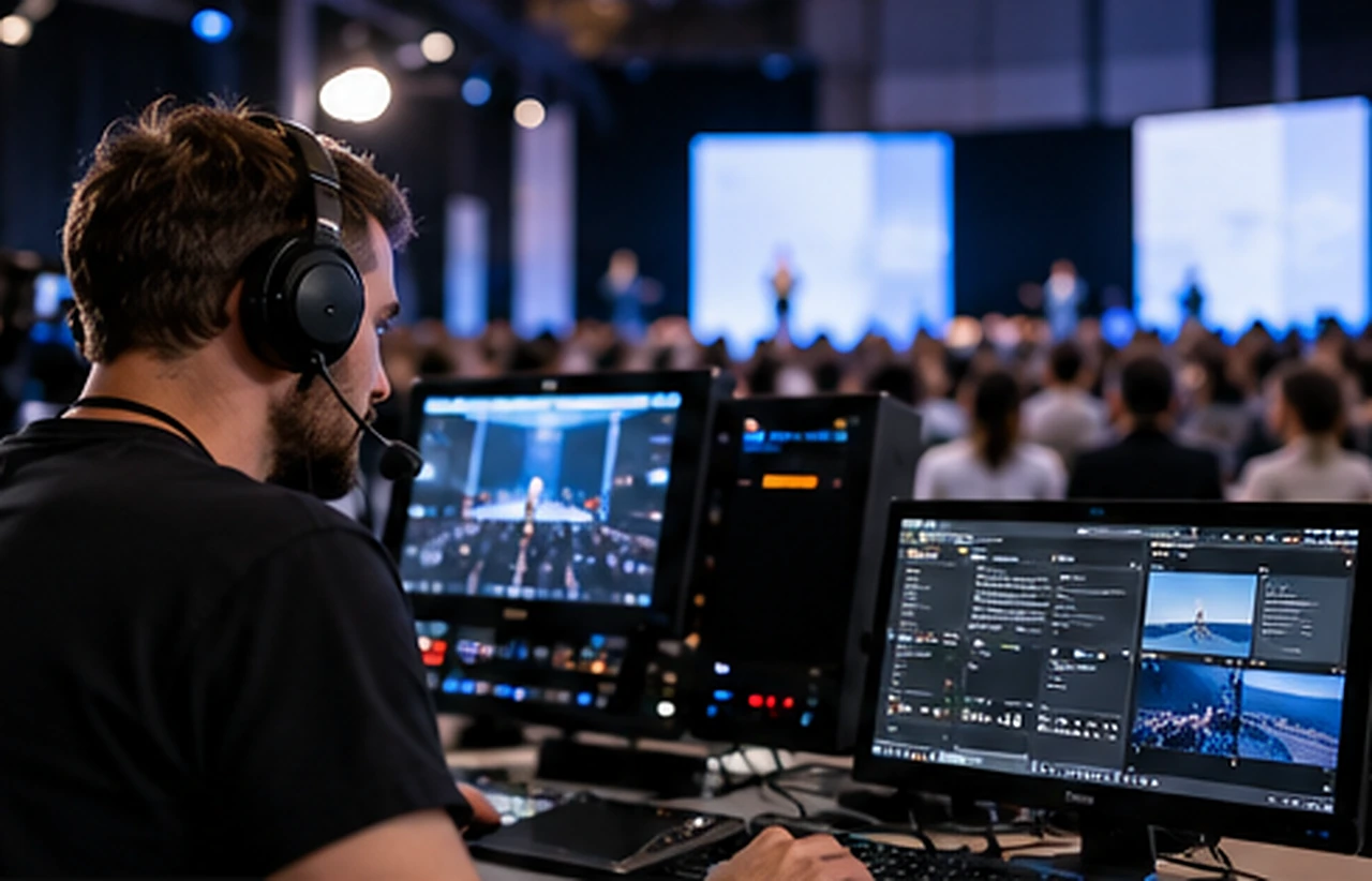 Regista tecnico audio e video con cuffie davanti a monitor e sala conferenze.