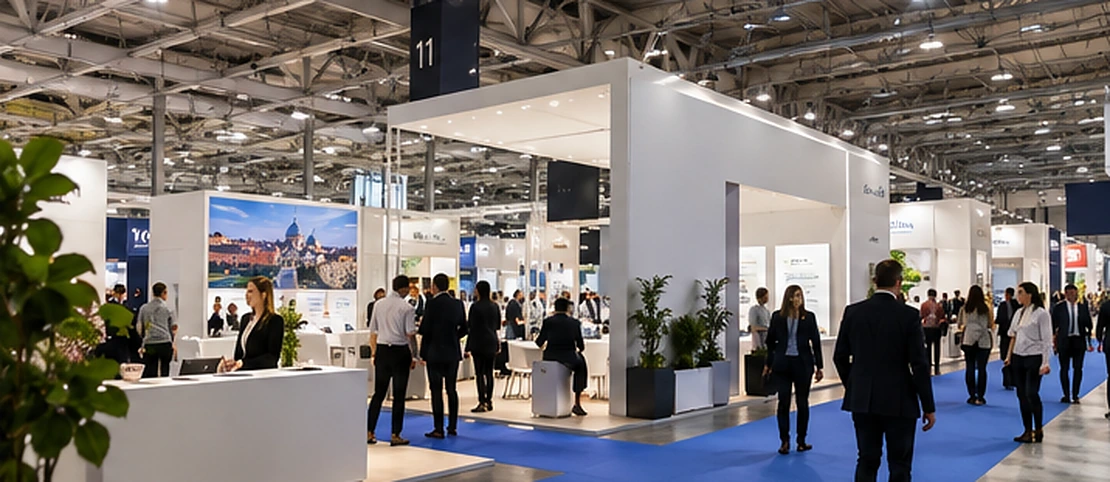 Vista dall'alto di un padiglione fieristico con stand espositivi e visitatori professionali