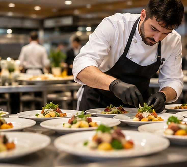 Chef al lavoro sul servizio catering con piccoli piatti preparati per una ricezione congressuale