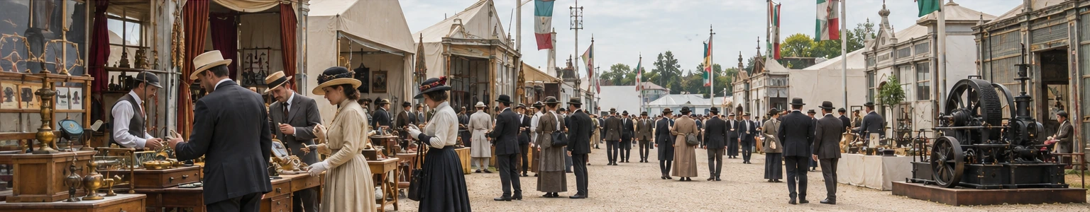 Ricostruzione visiva della Fiera Campionaria padovana del 1919, con visitatori e banchi espositivi.
