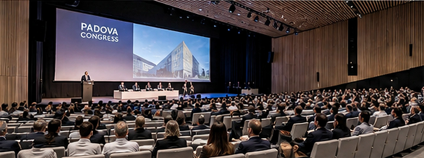 Platea di un auditorium per congressi con relatori sul palco e pubblico seduto
